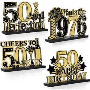 4 Pcs 50th Birthday Table Decorations Vintage 1976 Black Gold Birthday Party Centerpieces Aged to Perfection 50th Birthday Decorations Cheers To 50 Years Table Topper Wooden Decor for Men 50 Years Old