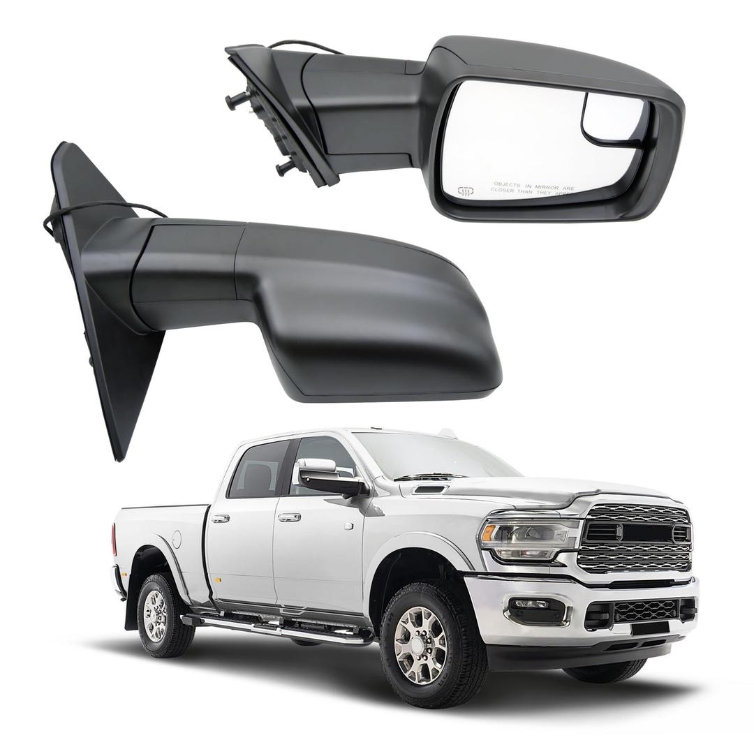 SecosAutoparts Passenger Right Side Mirror Compatible with 2019-2024 Ram 1500, Power Heated Glass, Manual Folding, Black Textured, 5-Pin Connector, Replaces 68276498AH CH1321471