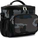 FlowFly Insulated Reusable Lunch Bag Adult Large Lunch Box for Women and Men with Adjustable Shoulder Strap,Front Zipper Pocket and Dual Large Mesh Side Pockets,BlackCamo