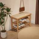 Bamboo Shoe Rack Bench with Rattan Seat, 3-Tier Shoe Storage Bench, Entryway Bench for Hallway Nature-23.62 inches