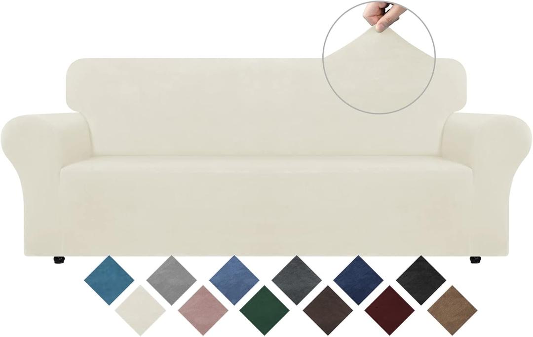 WEERRW Velvet Couch Cover for 3 Cushion Couch Covers - Stretch Sofa Slipcovers with Non Skid Foam and Elastic Bottom, Furniture Protector for Pets, Crafted from Soft Plush Fabric, Ivory, Large