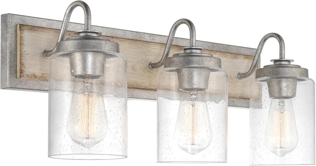 Kira Home Greyson 22" 3-Light Farmhouse Vanity/Bathroom Light + Cylinder Seeded Glass Shades, White Ash Wood Style + Galvanized Steel Finish
