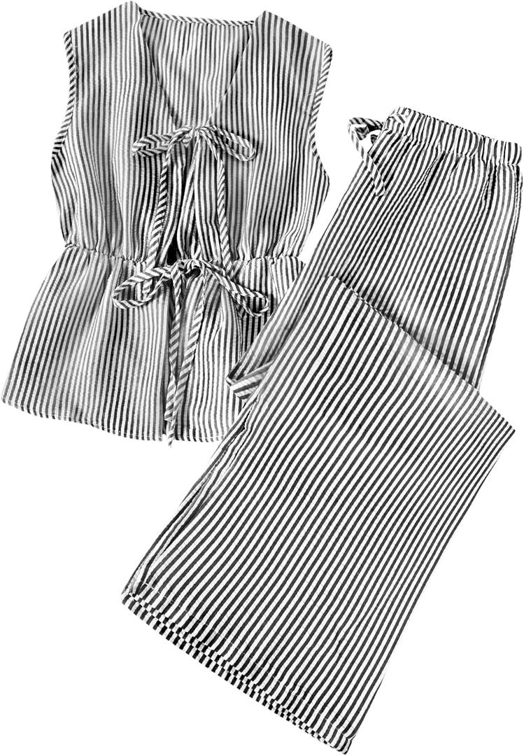 Women's Striped 2 Piece Set Tie Front Peplum Tank Tops and Wide Leg Pants Sets Black Large (L)
