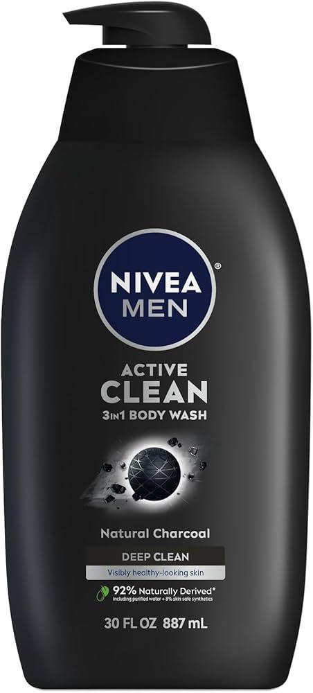 NIVEA Men Active Clean Body Wash with Natural Charcoal for Normal to Oily Skin, 3-in-1 Charcoal Body Wash, Face and Hair, Draws Out Dirt and Impurities, 30 Fl Oz Bottl, MAXIMUM HYDRATION