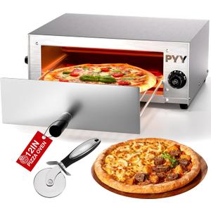 PYY Pizza Oven Electric - 12 Inch Pizza Oven Indoor Stainless Steel Commercial Professional Pizza Cooker Baker Countertop with Timer & Crumb Tray for Home 1100W, Silver