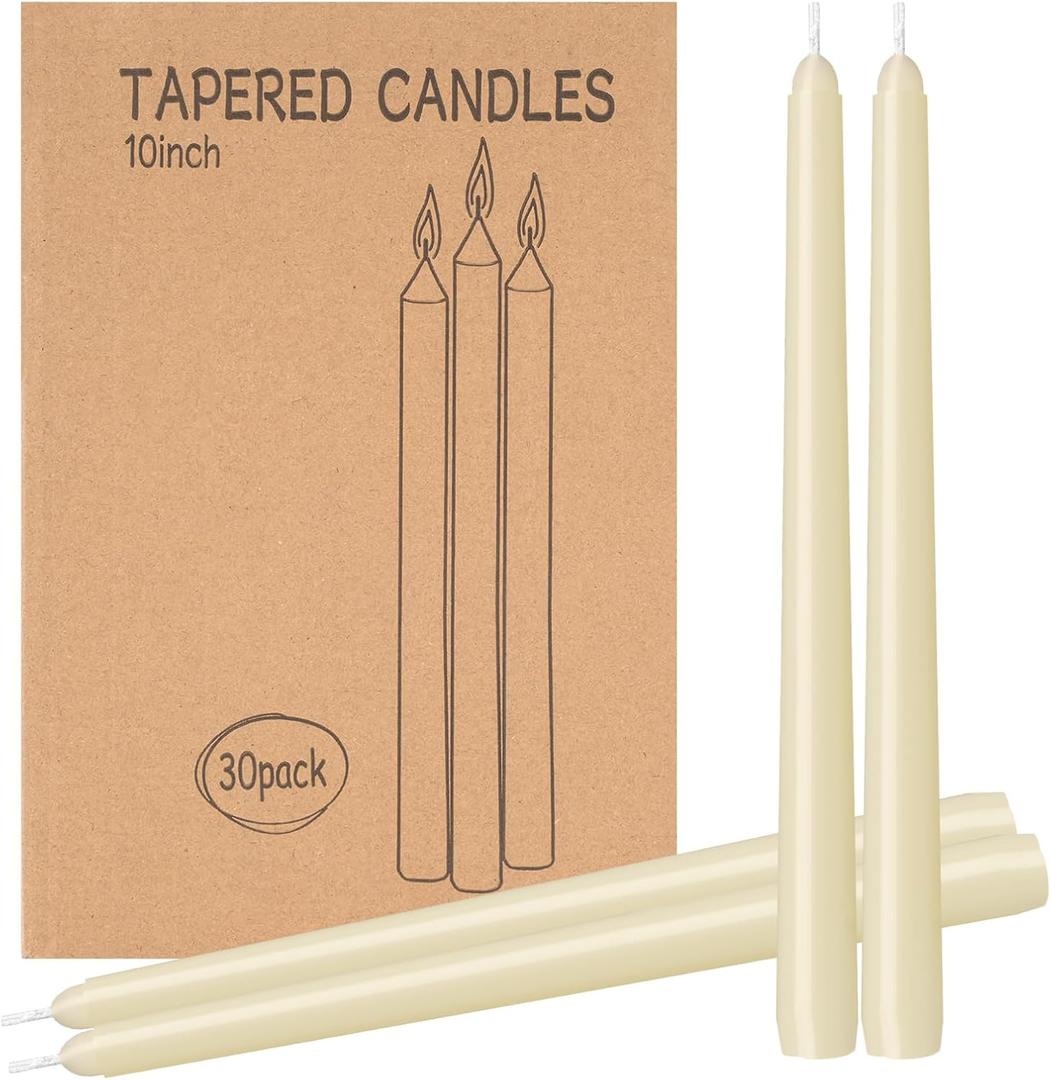 30 Pack Ivory Taper Candles - 10 inch Dripless, Smokeless, and Unscented - Long Burning for 8 Hours - Hand Poured Tall Candlesticks - Ideal for Special Occasions and Home Decor