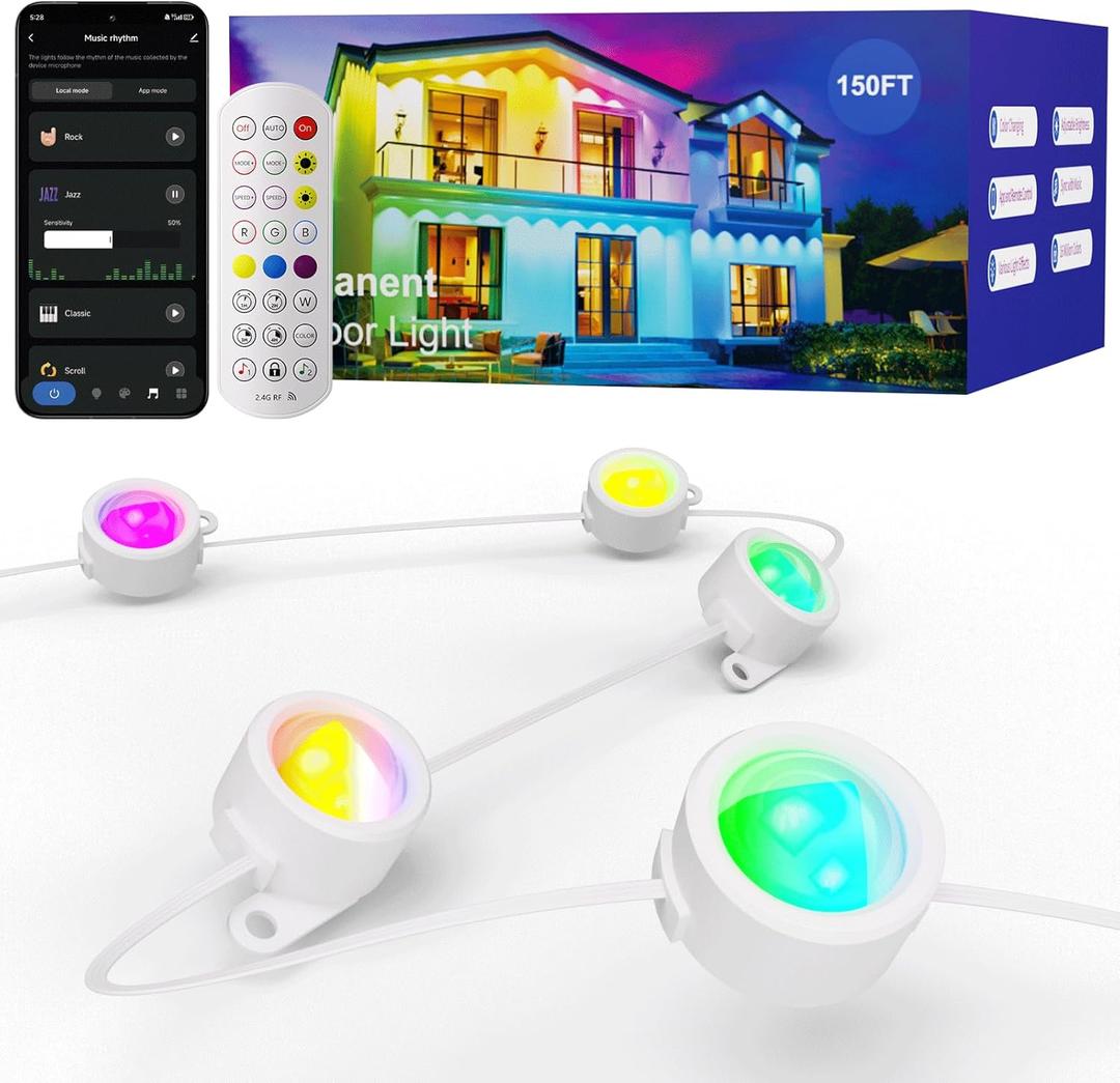 HUTAKUZE Permanent Outdoor Lights, 150FT with 90 RGB LEDs for Outdoor Decor, IP67 Waterproof, 48 Scene Modes Christmas House Lights,APP & Remote Control, Music Sync