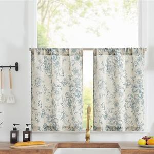 jinchan Linen Kitchen French Floral Tier Curtains 30 Inch Farmhouse Vintage Cafe Small Window Rustic Half Window Curtains for Living Room Bathroom 2 Panels Blue on Beige