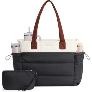 LOVEVOOK Tote Bag for Women with Giant Tumbler Holder Pocket, Puffer Work Travel Laptop Handbag with Zipper for Nurse Teacher (M-15.6 Inch, Beige-black-brown)