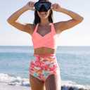 Women High Waisted Swimsuit Halter Triangle Bikini Mold Cup Swimwear Push Up Bathing Suit (Pink, L)