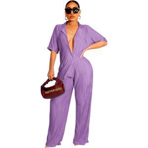 KEYUFANG 90s 2 Piece Outfits for Women Trendy Short Sleeve Linen Shirt Wide Leg Casual Flare Pants Suit Purple, Large