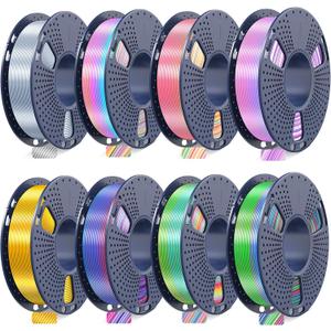 JAYO 3D Printer Filament Bundle, PLA Silk Filament Bundle Multicolor, Shiny Silk PLA Filament 1.75mm, Fast Color Change Rainbow, 250g Spool, 8 Rolls, 2kg in Total