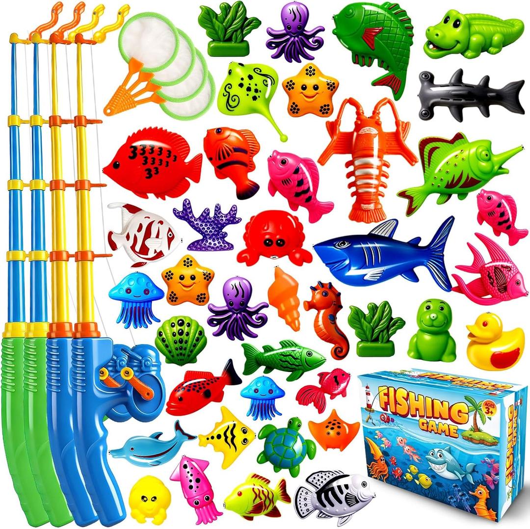 CozyBomB Magnetic Fishing Toys Game Set for Kids | Water Table Bathtub Kiddie Pool Party Pole Rod Net, Outdoor Plastic Floating Fish, Toddler Bath Color Ocean Sea Animals Easter Gift Age 3-5 6 4-8