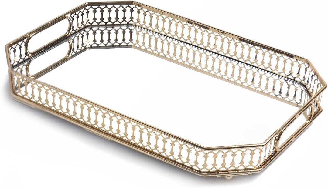 Glass and Gold TrayMirrored Tray for Cologne, Perfume and Gold Vanity Tray- Decorative Mirrored Vanity Tray with Cutout Design, Glass Base, Metal Jewelry Organizer (12.5" x 12.5" x 2")