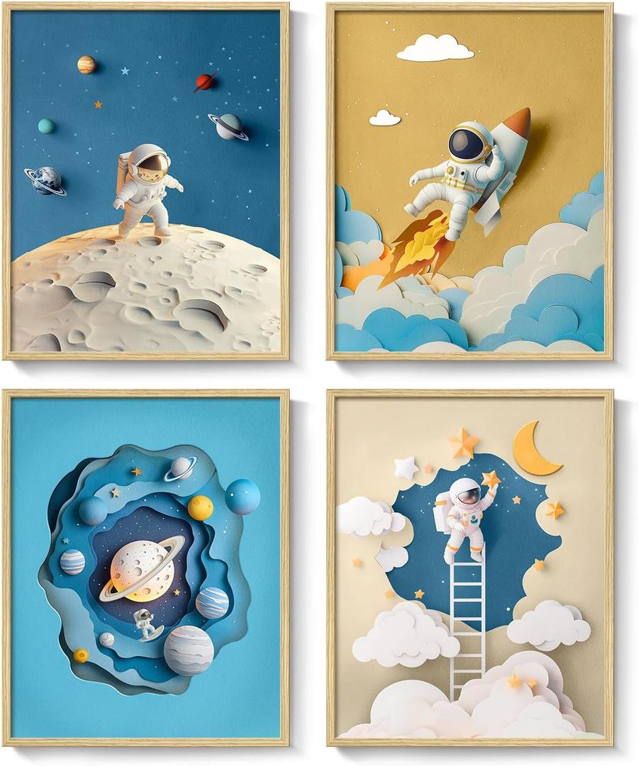 Framed Space Astronaut Wall Art for Nursery Decor, 4 Piece Outer Space Themed Canvas Art Prints Paintings, Planet Rocket Pictures for Bedroom, Kids Room, Baby Room, Boys Room, Bathroom Wall Decor, 11"W x 14"H x 4Pcs