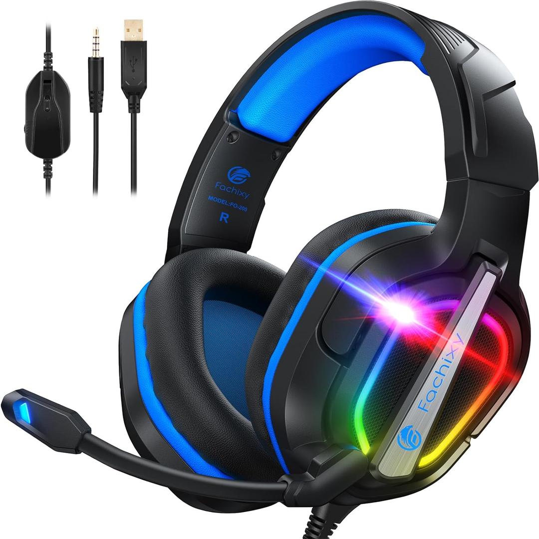 Fachixy FC200 PC Gaming Headset for PS4, PS5, Switch, Xbox One, Mac, Noise Canceling Headphones with Microphone, Computer Headset with 3.5mm Jack & RGB Light (BLUE)
