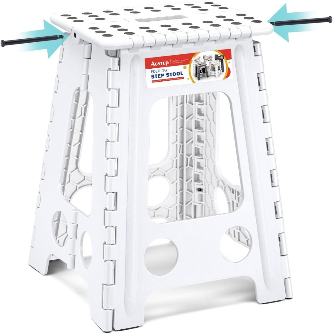 ACSTEP Folding Step Stool 17.5 Inch Heavy Duty Step Stool Foldable for Adults and Kids, Collapsible Stepping Stool with Handle, Non Slip Folding Stools for Kitchen Hold Up to 400lbs (White 1PC)