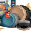 Teivio 32-Piece Kitchen Plastic Wheat Straw Dinnerware Set, Service for 8, Dinner Plates, Dessert Plate, Cereal Bowls, Cups, Unbreakable Colorful Plastic Outdoor Camping Dishes, Cerulean Hues