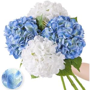 Nubry 22.44In Hydrangea Artificial Flowers, 3Pcs Latex Faux Real Touch Large Hydrangea Flowers with Long Stems & Leaves for Home Office Decor Wedding Party Arrangements(White&Blue)
