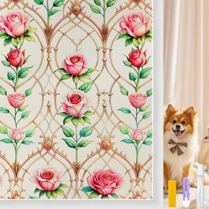 Countewol Frosted Static Cling Window Film, Stained Glass Privacy Film with Rose Pattern, Anti-Glare UV Protection, Removable Decorative Window Clings for Home/Bathroom (Frosted Rose, 35.4 x78.7 in)