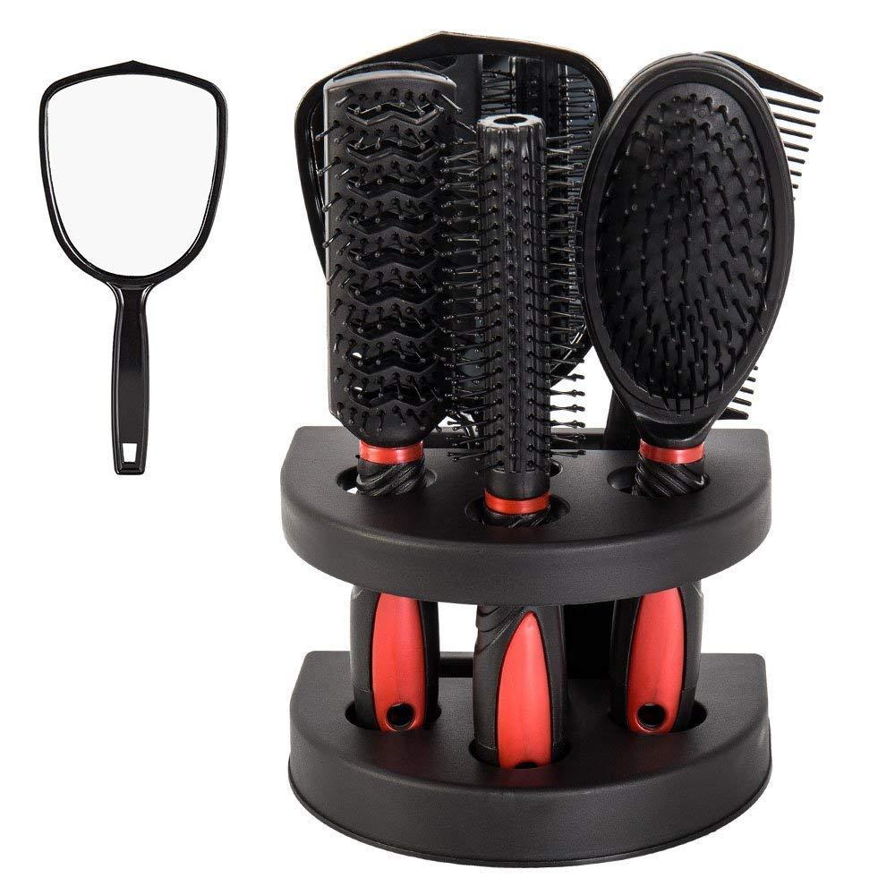 Set of 5 Hair Combs Set Professional Salon Hair Cutting Brushes Sets Salon Hairdressing Styling Tool Mirror And Holder Stand Set Dressing Comb Kits for (Red)