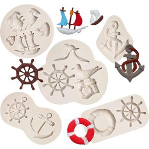 Anchor and Rudder Fondant Moulds (5 Pcs), Seagull Sailing Boat Hook Cake Decoration Silicone Mold, Used for Cupcake Decoration, Sugar Craft Glue, Chocolate, DIY Polymer Clay Molds for Children