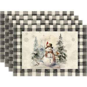 XCHI Watercolor Buffalo Plaid Snowman Snowflakes Christmas Winter Xmas Placemats Set of 4 Table Mats for Party Home Kitchen Dining Table Decorations 12x18 Inch