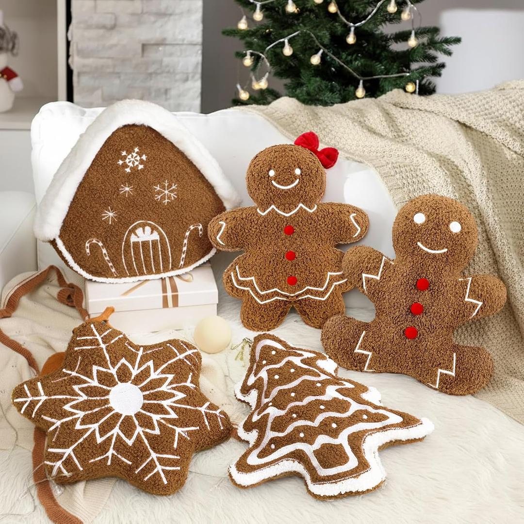 Geelin 5 Pcs Gingerbread Christmas Decorations Christmas Throw Pillows Stuffed Plush Gingerbread Man House Xmas Tree Snowflake Lumbar Pillows Cushion for Winter Holiday Bed Sofa Couch Outdoor Party (Pastel Pink)