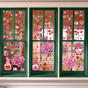 9 Sheets Valentines Day Decorations Heart Window Clings Decor Large Red Pink Gnomes Heart Tree Window Stickers Double Sided Decals for Valentines Office Wedding Anniversary Party Decorations