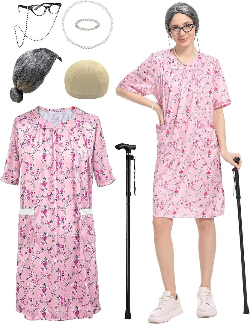Cupohus Women's Old Lady Wig Costume Set, 100 Days of School Adult Granny Dress Cosplay, Grey Wig, Cane, Floral Dress Outfit (Small/Medium, Pink)