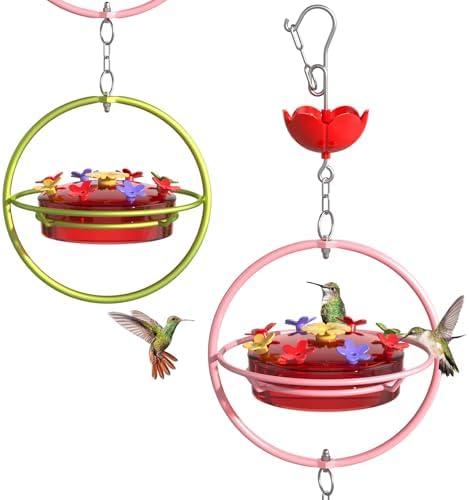 2 Pack Hummingbird Feeder - Wide Mouth Nectar Bird Feeder, Outdoors Hanging with Ant Moat & Easy-Refill Top, Garden Yard Decorative - Pink Metal Frame