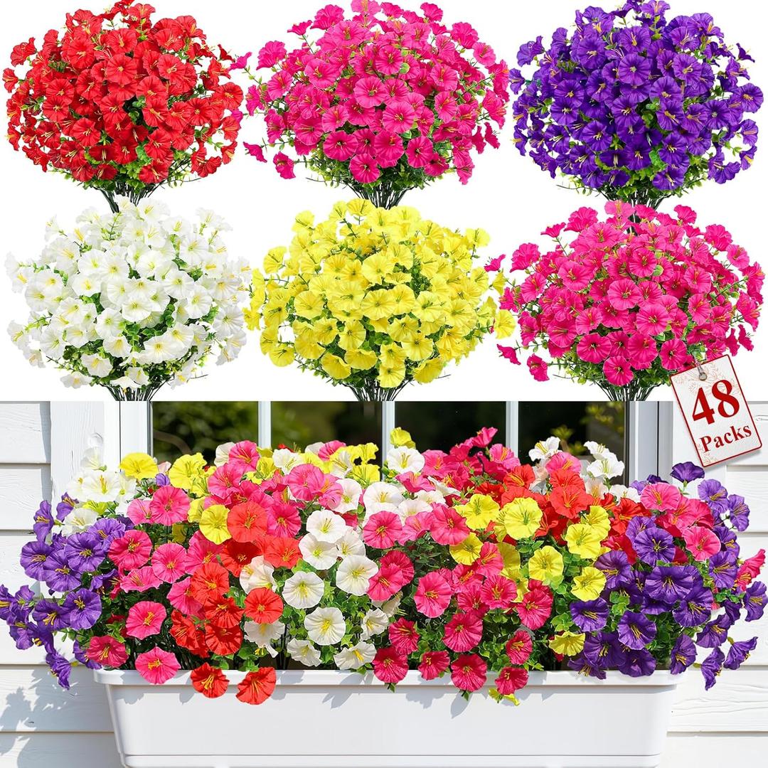 Alupssuc 48 Bundles Artificial Flowers for Outdoors, Faux Spring Flowers for Decoration, UV Resistant Silk Morning Glory with Eucalyptus Realistic Fake Flowers for Yard Planter Porch Garden, 5 Colors