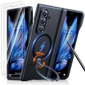 TORRAS 360 Spin Magnetic Stand for Galaxy Z Fold 7 Case with S Pen Holder, [MIL-Grade Hinge Protection] [Fit for Magsafe] [360 Kickstand & Ring Holder], Armor Slim for Samsung Galaxy Z Fold 7, Black