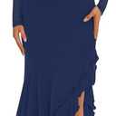 BORIFLORS Women's Bodycon Ruched Mesh Long Sleeve Maxi Dress Mermaid Ruffle Formal Cocktail Party Long Dresses (Navy)