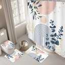 Riyidecor Boho Pink Navy Blue 4Pcs Shower Curtain Set with Toilet Lid Cover and Non-Slip Rugs, Mid Century Modern Minimalist Bathroom Decor SetAbstract Contour and Bath Mat with 12 Hooks