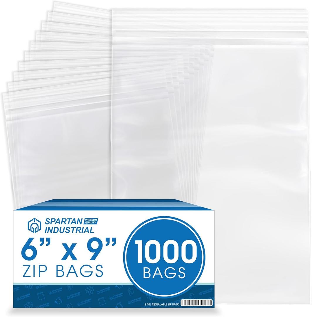 Spartan Industrial - 6 X 9 (1000 Count) 2 Mil Clear Reclosable Zip Plastic Poly Bags with Resealable Lock Seal Zipper