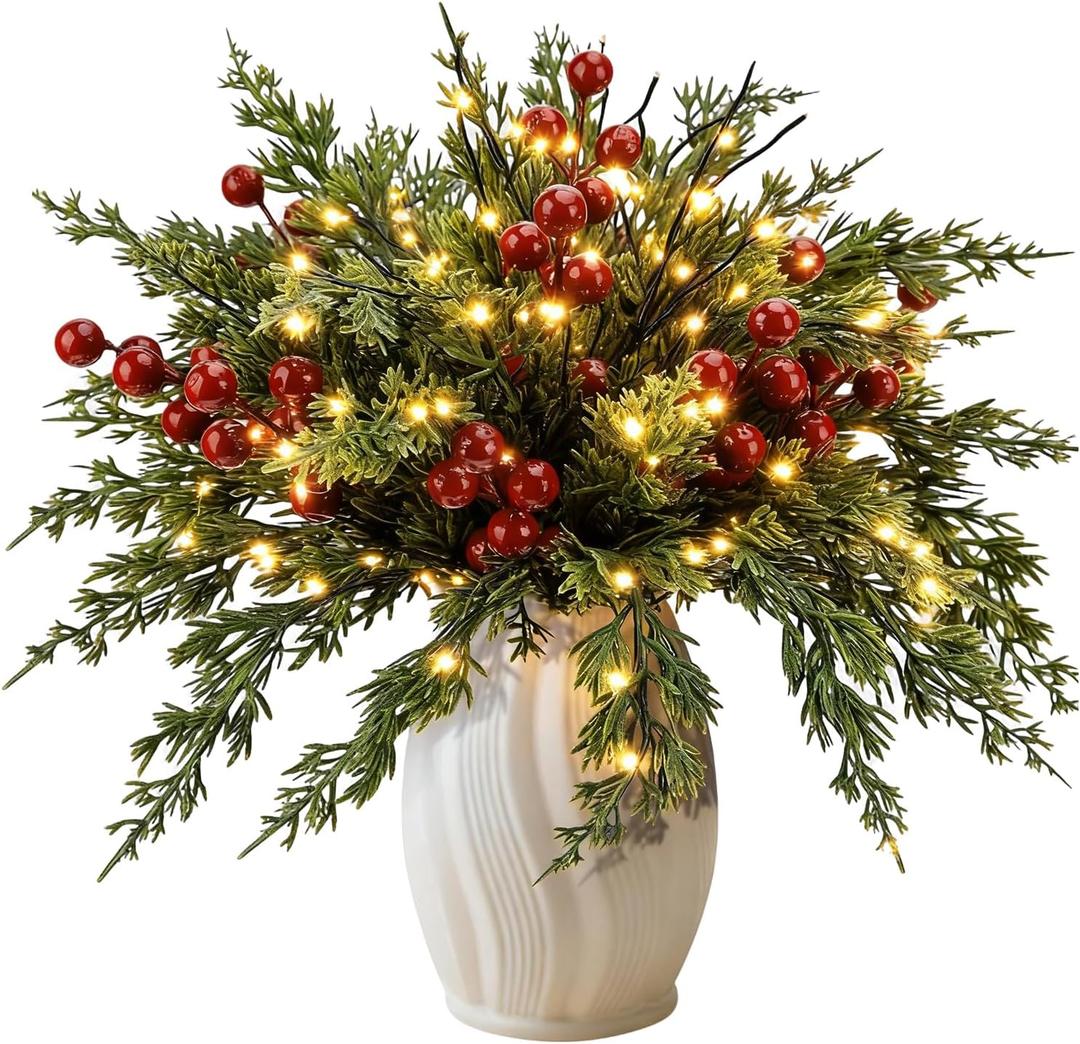 46Pcs 9.44inch artificial Norfolk pine branches, red berry stems, artificial green fir twigs for Christmas, used for making wreaths, DIY handicrafts and Christmas decorations(With light strip).