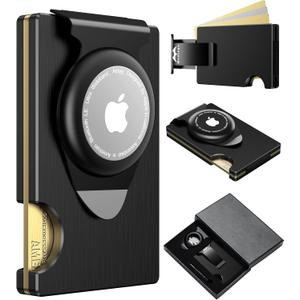 Apple Airtag Wallet Men Slim : Metal Air Tag Wallets Wallet with 2 Money Clip Replaceable Gift Boxed Set for Male Husband at Anniversay Brithday (Black)