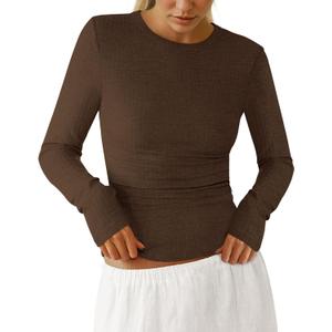 PRETTYGARDEN Womens Long Sleeve Shirts 2026 Ribbed Knit Slim Fitted Basic Tee Casual Going Out Tops Underscrubs Fall Clothing (Brown, M)