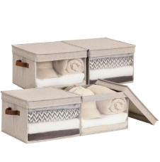 StorageWorks Storage Bins with Lid and Clear Window, Fabric Storage Boxes with Lids, Stackable Basket for Shelves, Closet Organizer and Storage Bins, Brown and Beige, Large, 4-Pack, 13 1/2"x13 1/2"x9 1/4