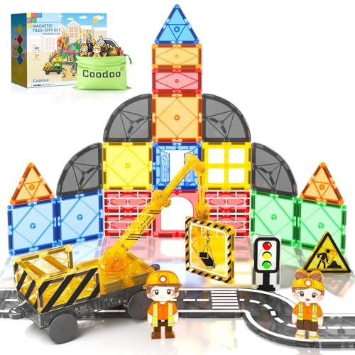 Coodoo Kids Games Magnetic Tiles Road Set with Extendable Magnetic Crane, City Construction Building Toys for Toddlers STEM Preschool Ages 4-6 5-7, Gifts for 3+ Year Old Boys Girls Kids Toys with Car