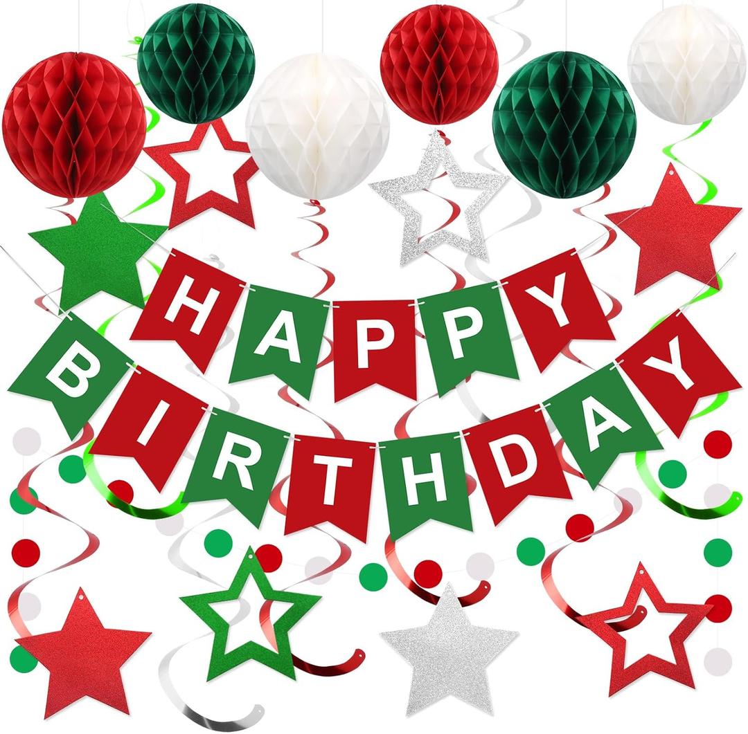 meowtastic Birthday Decorations, Happy Birthday Banner with Honeycomb Balls, Stars Hanging Swirl Streamers, Circle Dots Garland, Happy Birthday Party Decorations for Women Men Boys Girls (Red & Green)