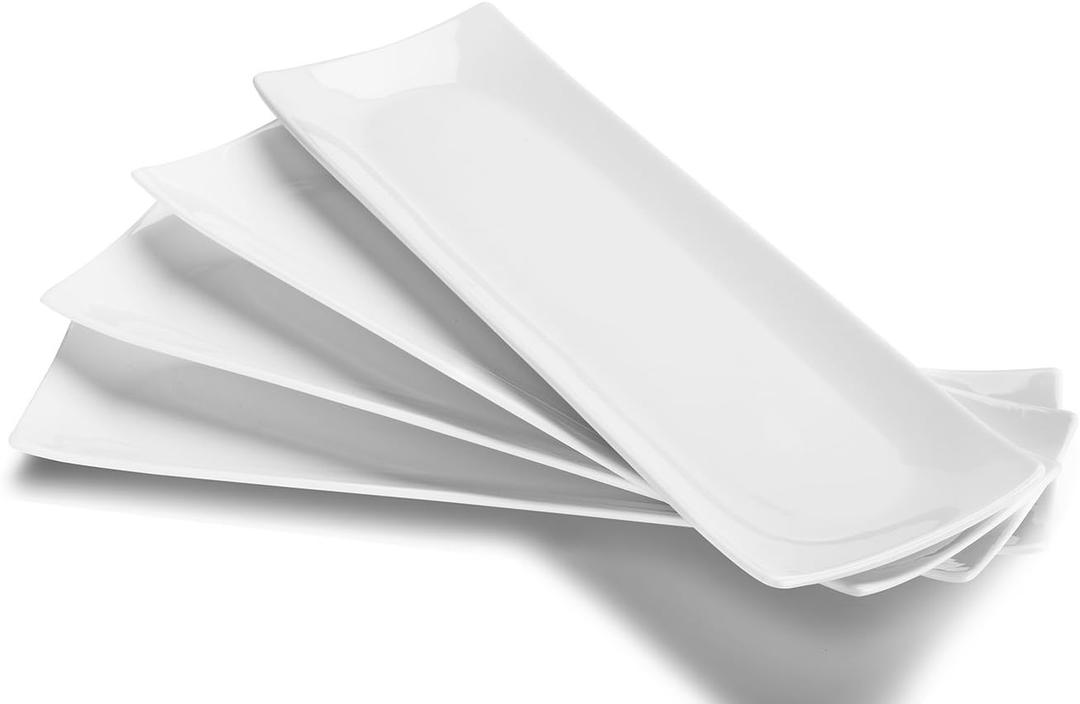 DOWAN 14" Sushi Plate Set of 4 - Long Rectangle Plates and Cracker Trays for Serving - White Ceramic Platters for Party and Entertaining - Dishwasher & Oven Safe