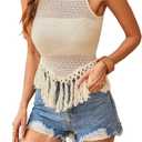MakeMeChic Women's Crochet Fringe Pullover Sweater Crew Neck Sleeveless Knitted Tank Top (L)