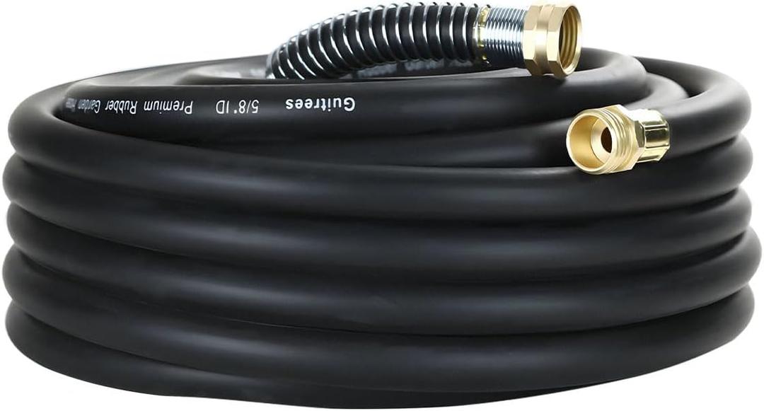 Guitrees 25FT 5/8 Heavy Duty Rubber Garden Hose - 300psi Working, 1000psi Burst - Hot/Cold Water - Five-Layered Braiding for Durability - Versatile for Gardening, Agriculture, Construction(Black)