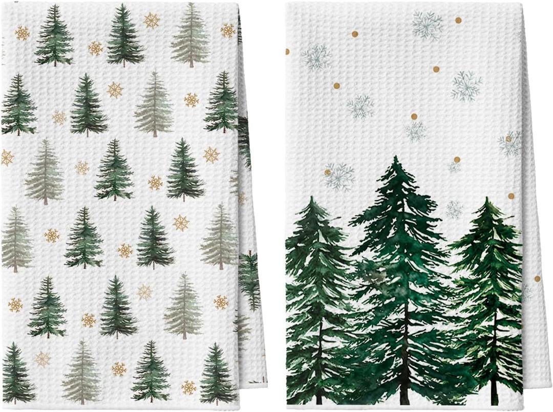Artoid Mode Green Xmas Tree Snowflakes Christmas Kitchen Towels, 18x26 Inch Quick Dry Microfiber Cloth Dish Towels for Kitchen Drying Set of 2