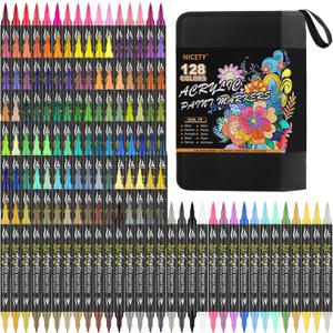 NICETY 128 Acrylic Paint Markers, Dual Tip Brush Paint Pens for Rock Painting, Wood, Glass, Stone, Canvas, Ceramic, Fabric - Fine & Brush Tip Water Based Acrylic Markers Pens