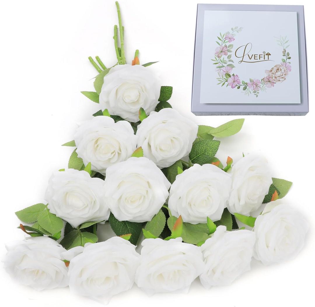 LVEFIT Artificial Rose Flower White Flowers White Roses Silk Flowers 12 pcs with Long Stem Silk Roses Bouquet for Wedding Bridal Shower Party Home Decoration