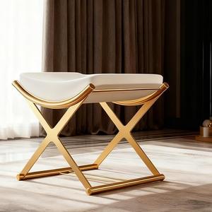 Vanity Stool No Assembly Required - Modern Makeup Chair with Golden X-Frame, PU Leather Cushioned Seat for Bedroom, Bathroom - Off-White Small Ottoman Bench