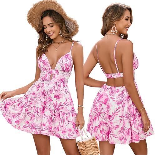 Parthea Women's Summer Boho Floral Mini Dress Spaghetti Strap V Neck Floral A Line Beach Vacation Cute Casual Dresses Medium, Pink Floral  Parthea Women's Summer Boho Floral Mini Dress Spaghetti Strap V Neck Floral A Line Beach Vacation Cute Casual Dresses Medium, Pink Floral